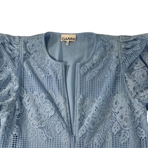 Ganni Lace Mini Dress 38 Placid Blue 3/4 Sleeve Zipper Front Shift MISSING BELT - Picture 4 of 12